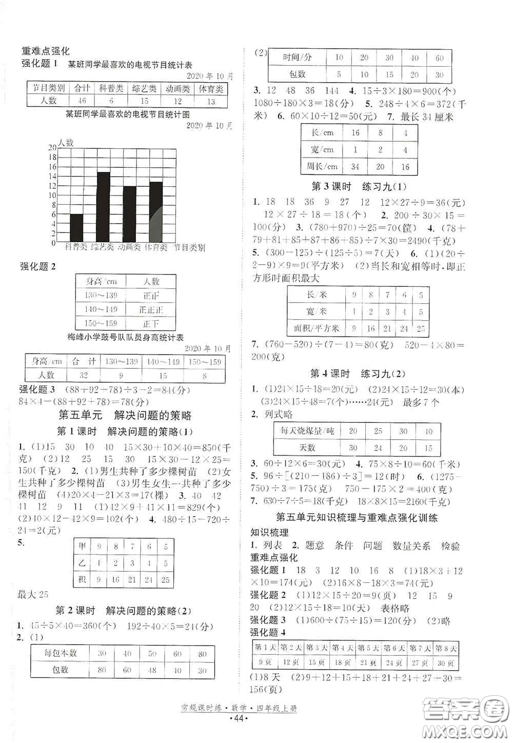 福建人民出版社2020常規(guī)課時練四年級數學上冊蘇教版答案