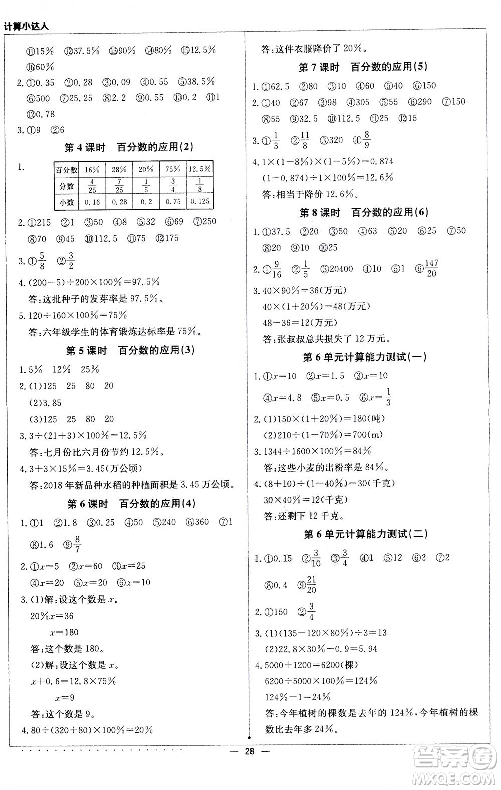 北京教育出版社2020年計算小達人六年級數學上人教版參考答案