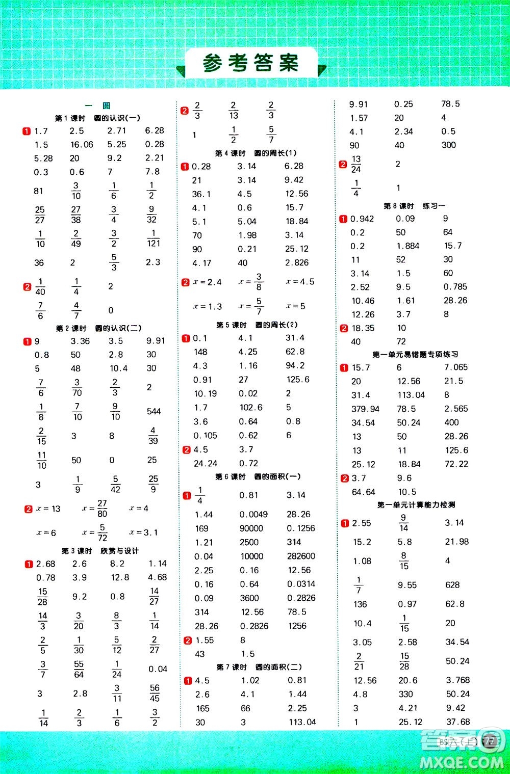 江西教育出版社2020年陽光同學(xué)計算小達(dá)人數(shù)學(xué)六年級上冊BS北師版參考答案