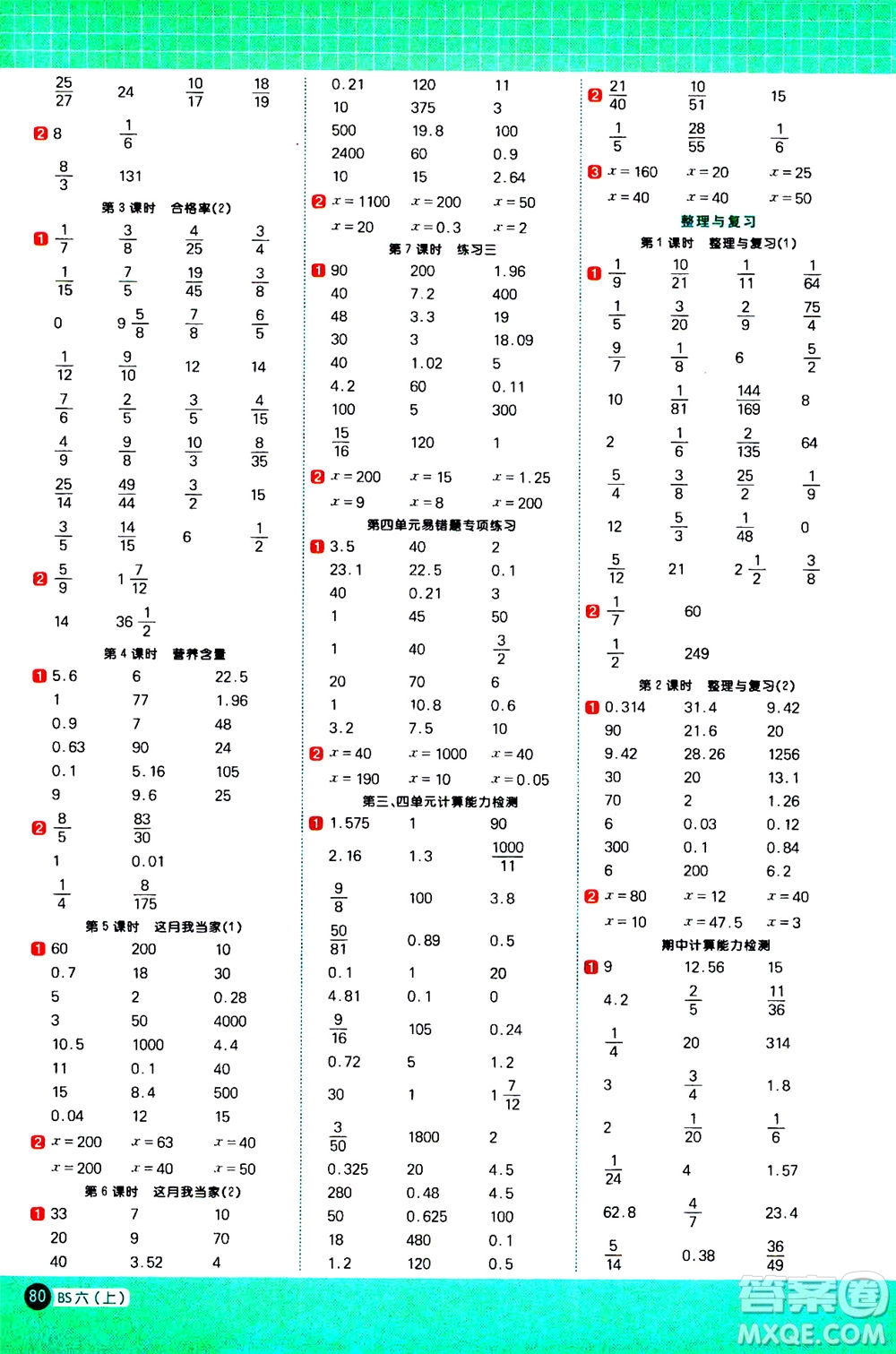 江西教育出版社2020年陽光同學(xué)計算小達(dá)人數(shù)學(xué)六年級上冊BS北師版參考答案