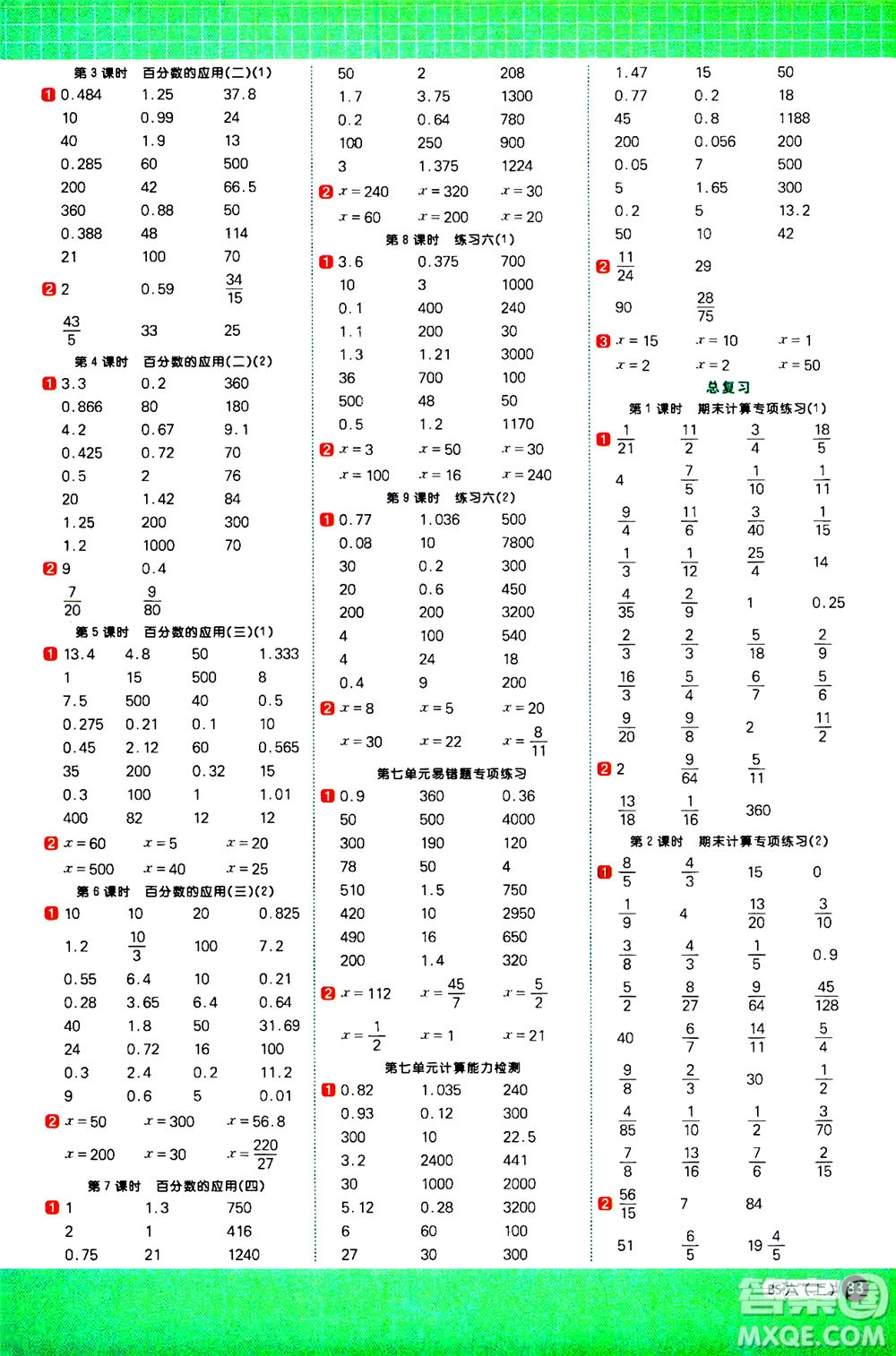 江西教育出版社2020年陽光同學(xué)計算小達(dá)人數(shù)學(xué)六年級上冊BS北師版參考答案