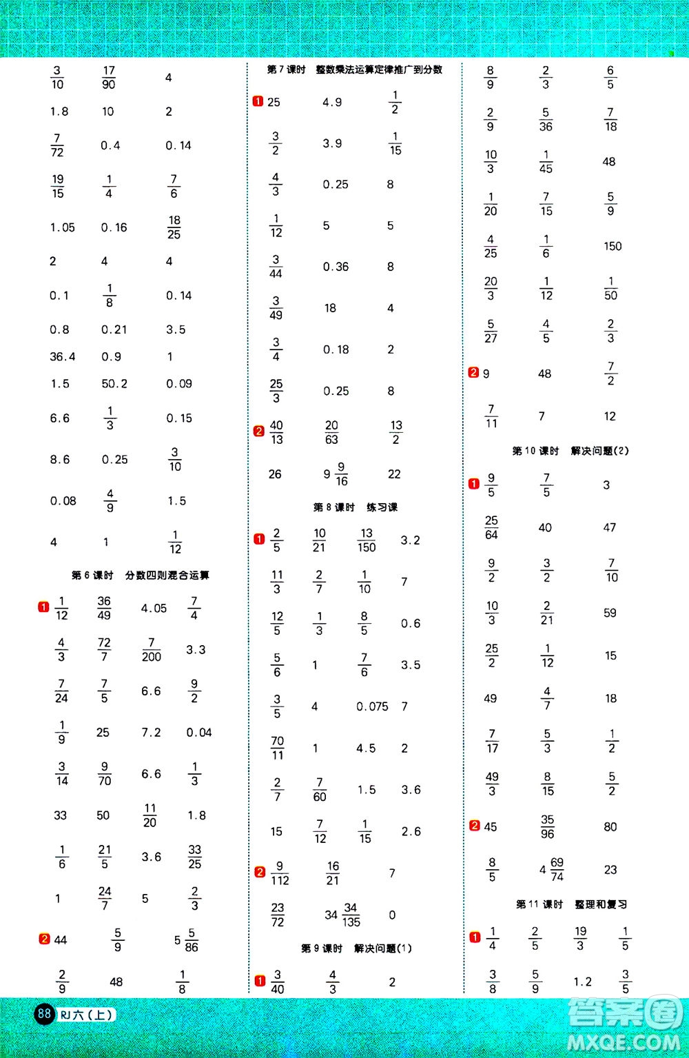 江西教育出版社2020年陽光同學(xué)計算小達人數(shù)學(xué)六年級上冊RJ人教版參考答案