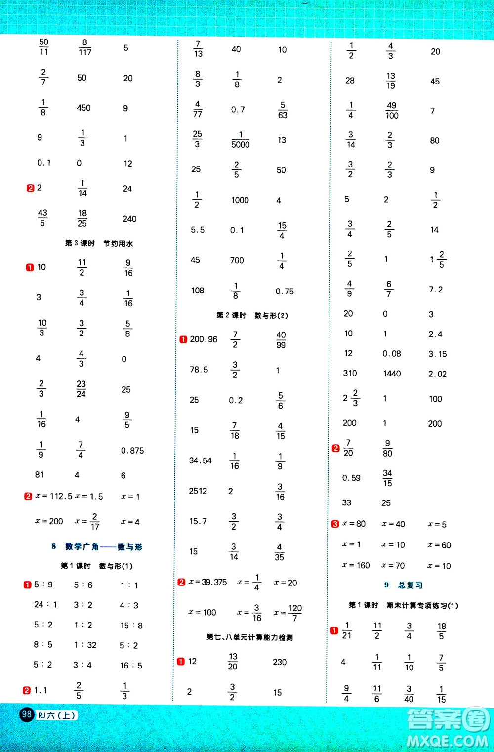 江西教育出版社2020年陽光同學(xué)計算小達人數(shù)學(xué)六年級上冊RJ人教版參考答案