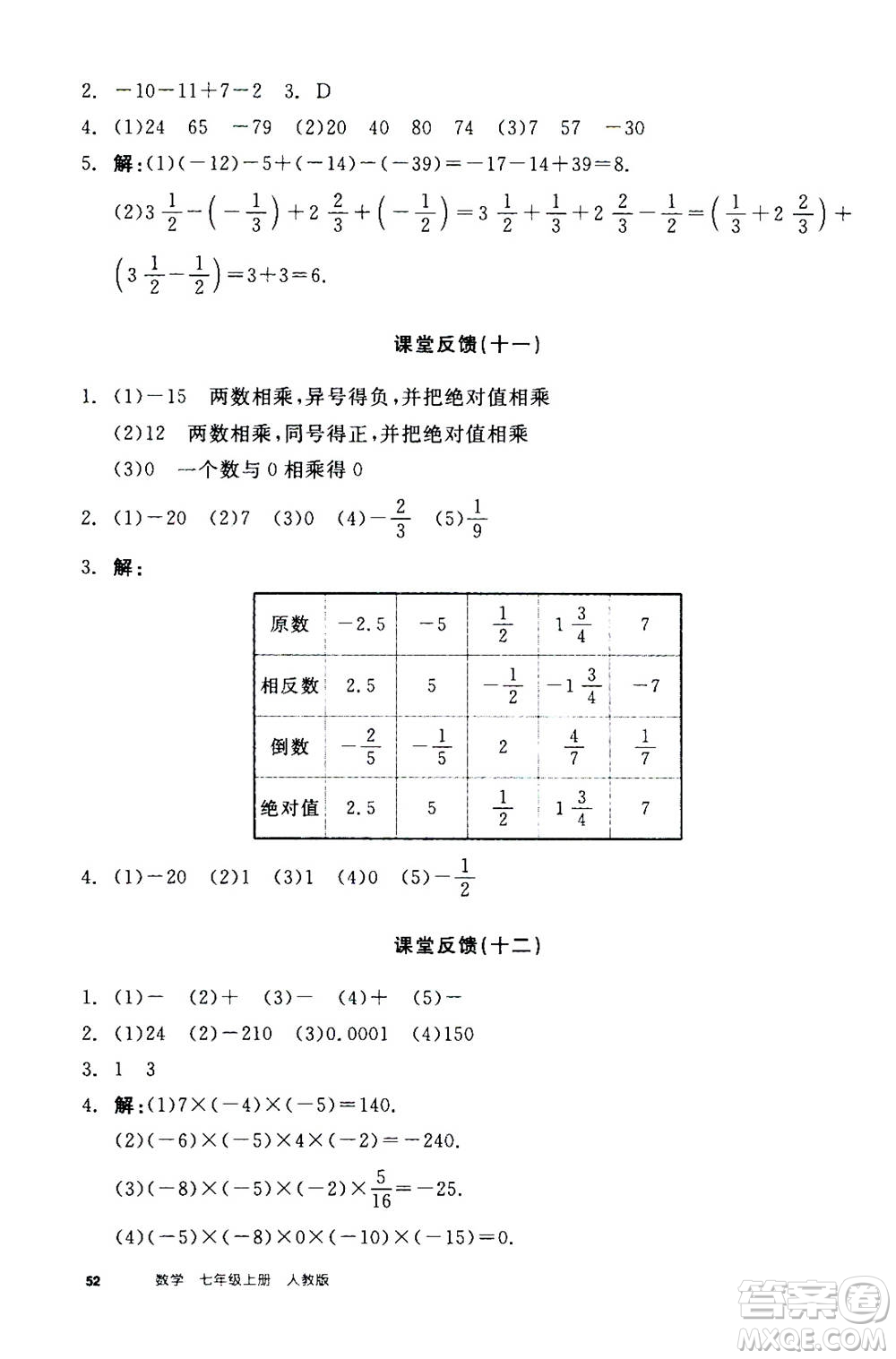 陽(yáng)光出版社2020年全品學(xué)練考七年級(jí)上冊(cè)數(shù)學(xué)新課標(biāo)RJ人教版參考答案