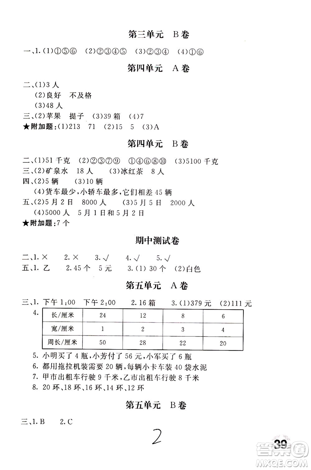 北京教育出版社2020年新課堂AB卷單元測試數(shù)學四年級上江蘇版參考答案