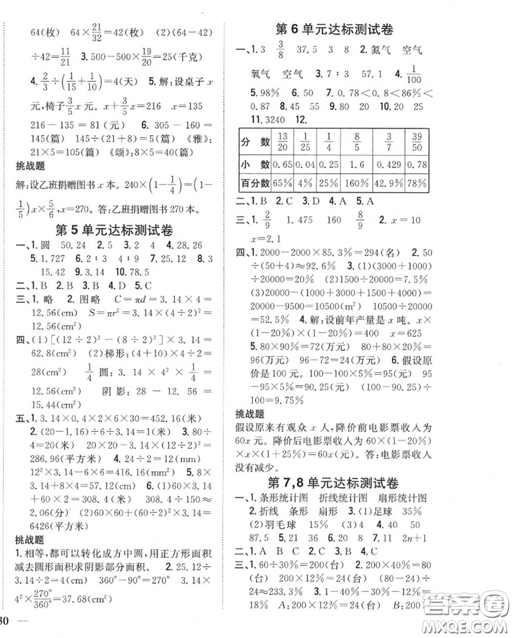 2020秋全科王同步課時(shí)練習(xí)六年級(jí)數(shù)學(xué)上冊人教版答案