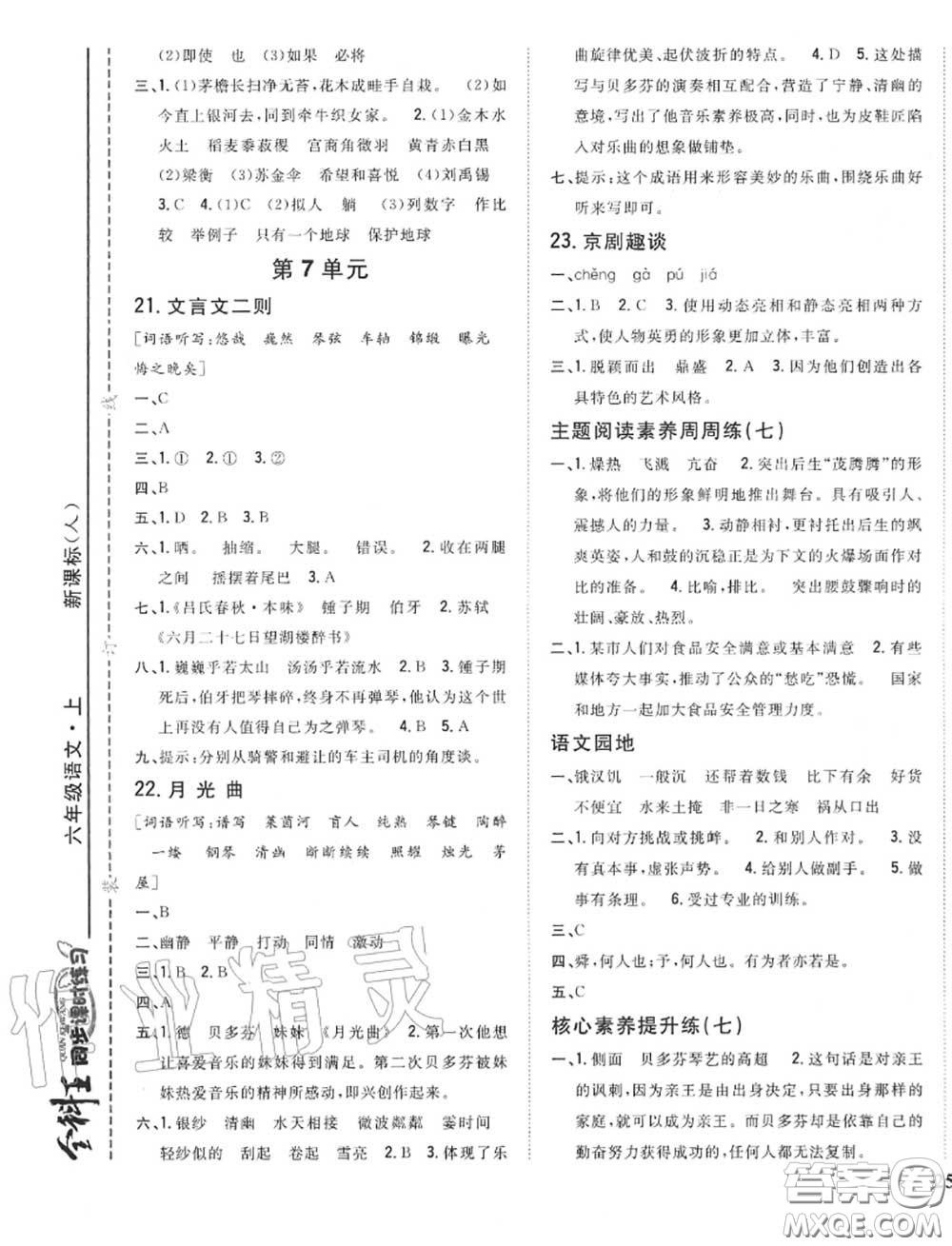 2020秋全科王同步課時(shí)練習(xí)六年級(jí)語文上冊(cè)人教版答案