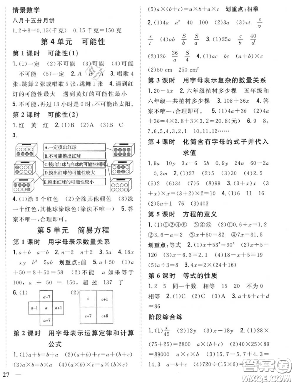 2020秋全科王同步課時練習五年級數(shù)學上冊人教版答案