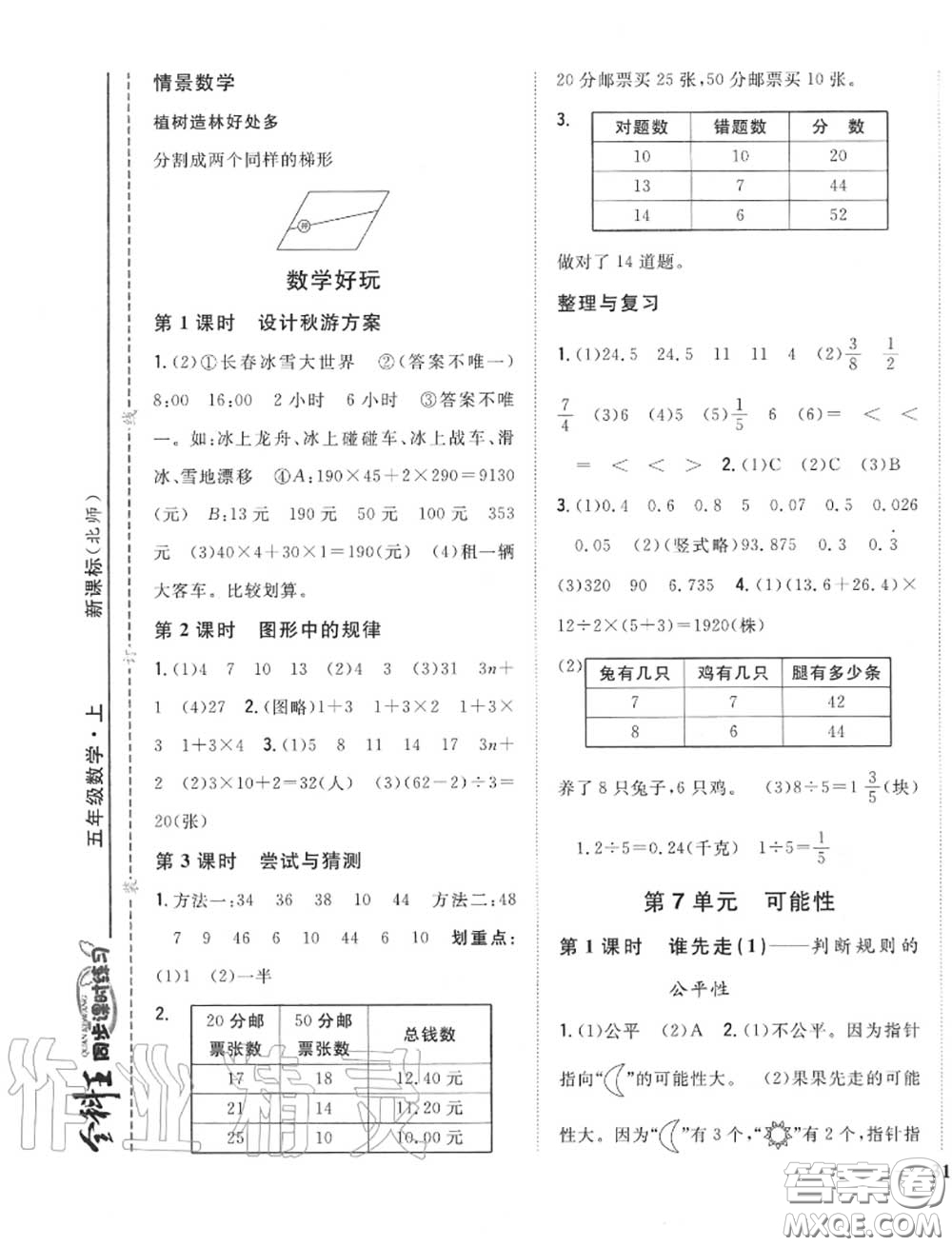 2020秋全科王同步課時(shí)練習(xí)五年級(jí)數(shù)學(xué)上冊(cè)北師版答案