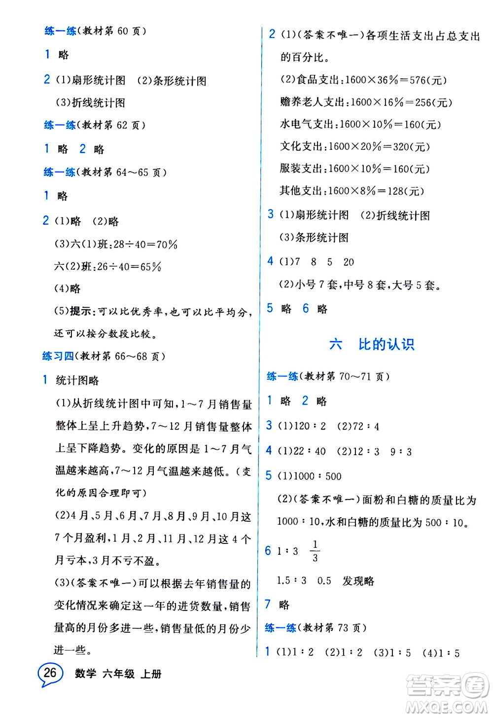 現(xiàn)代教育出版社2020年教材解讀數(shù)學(xué)六年級上冊BS北師版參考答案