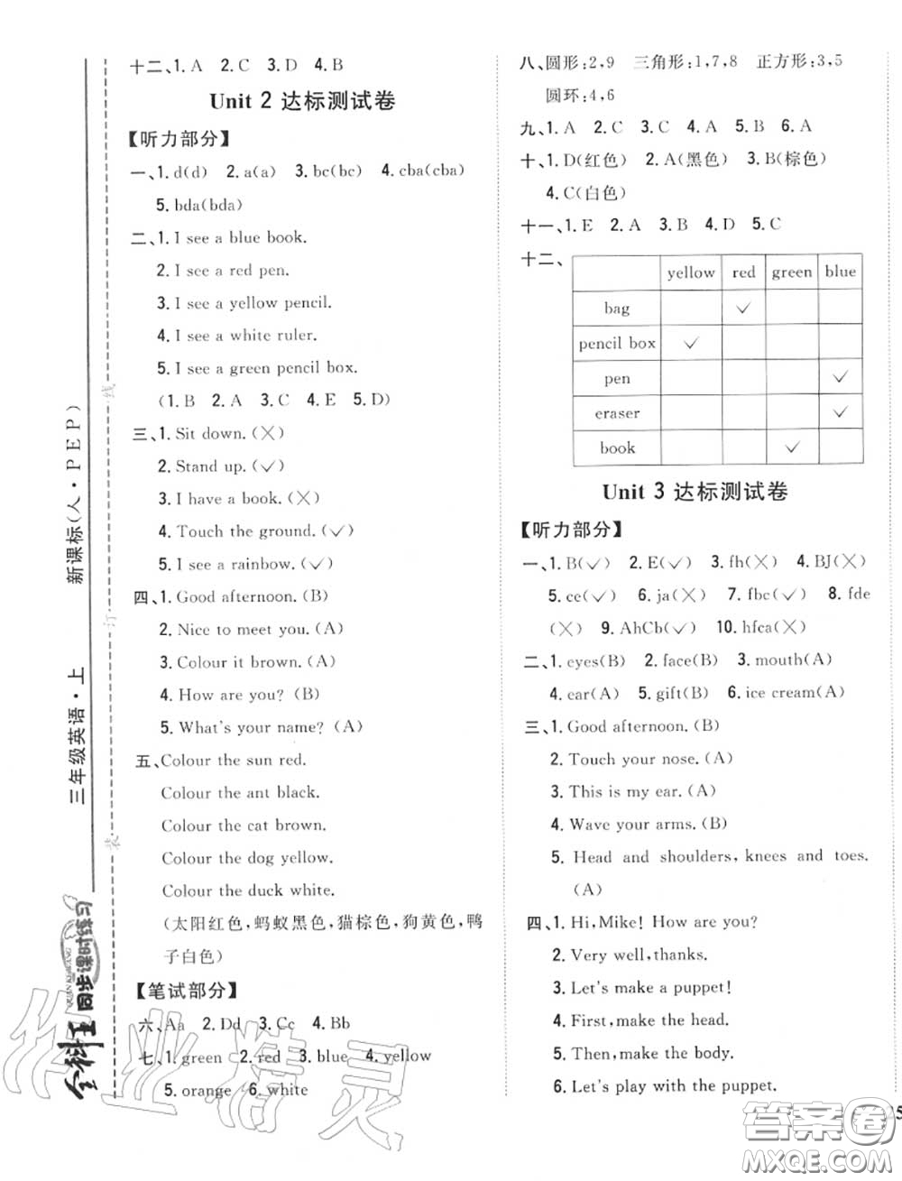 2020秋全科王同步課時練習(xí)三年級英語上冊人教版答案