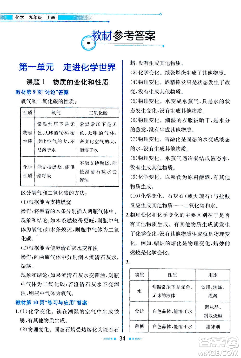 人民教育出版社2020年教材解讀化學(xué)九年級(jí)上冊(cè)人教版參考答案