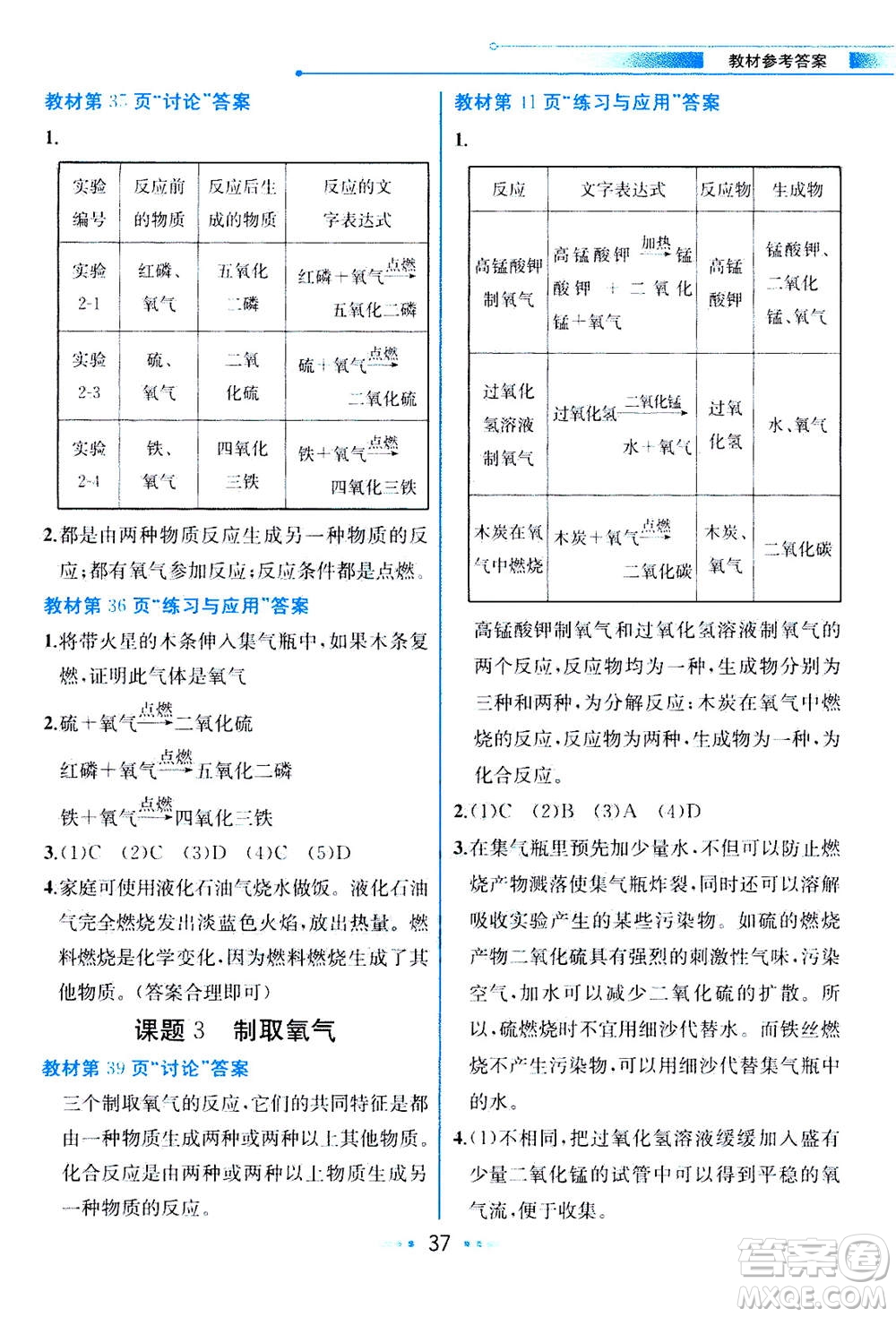 人民教育出版社2020年教材解讀化學(xué)九年級(jí)上冊(cè)人教版參考答案