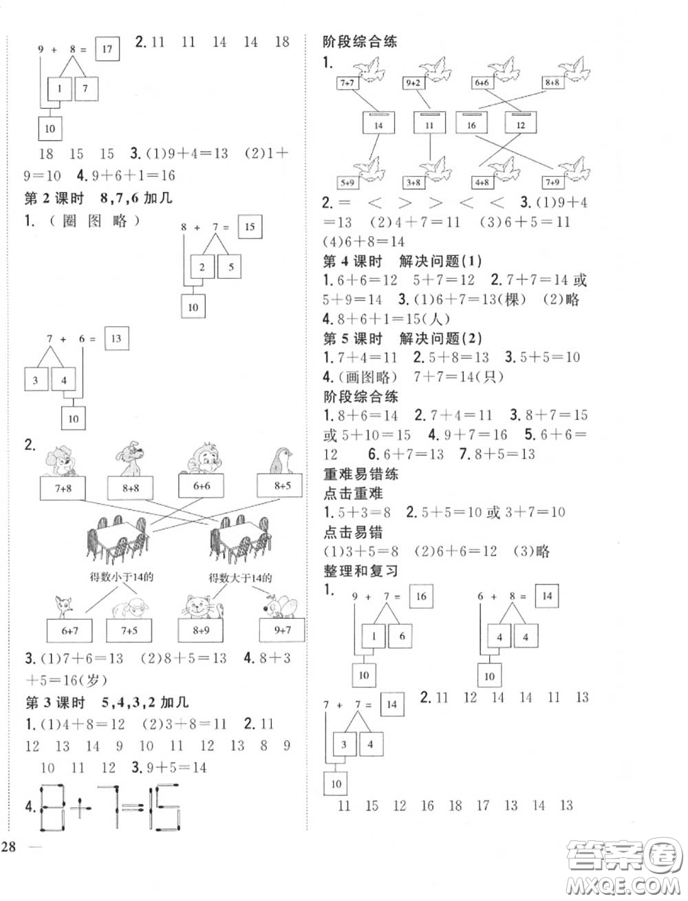 2020秋全科王同步課時練習一年級數(shù)學上冊人教版答案