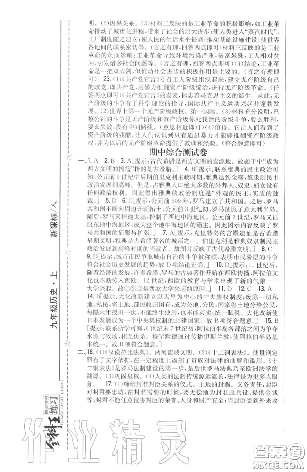 2020秋全科王同步課時(shí)練習(xí)九年級(jí)歷史上冊(cè)人教版答案