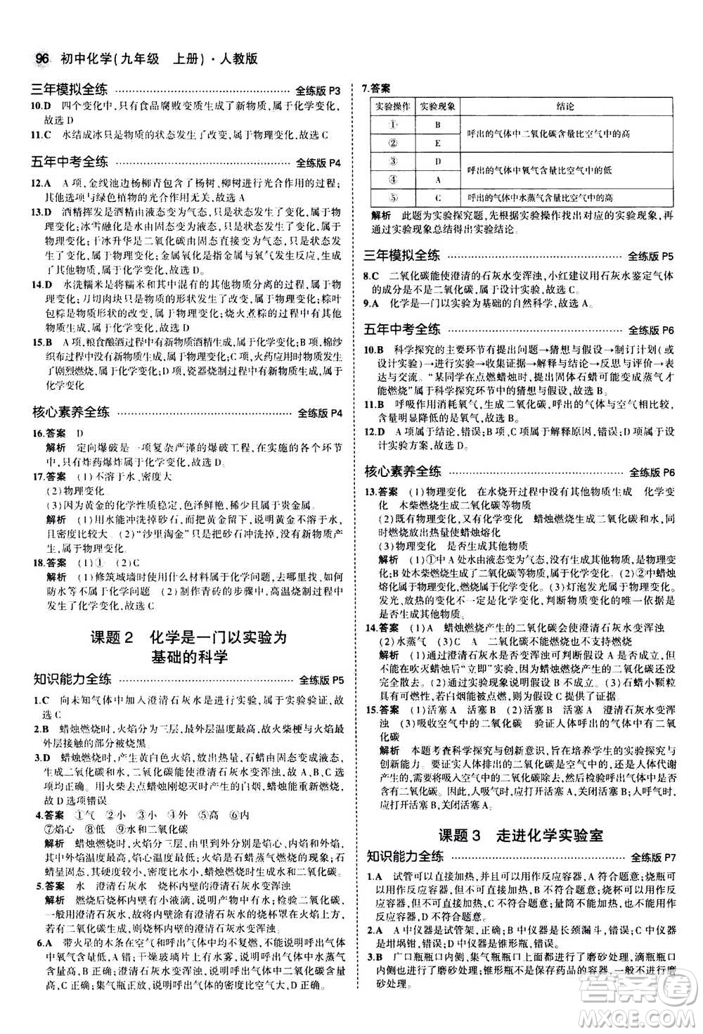 2021版初中同步5年中考3年模擬全練版初中化學(xué)九年級上冊人教版參考答案