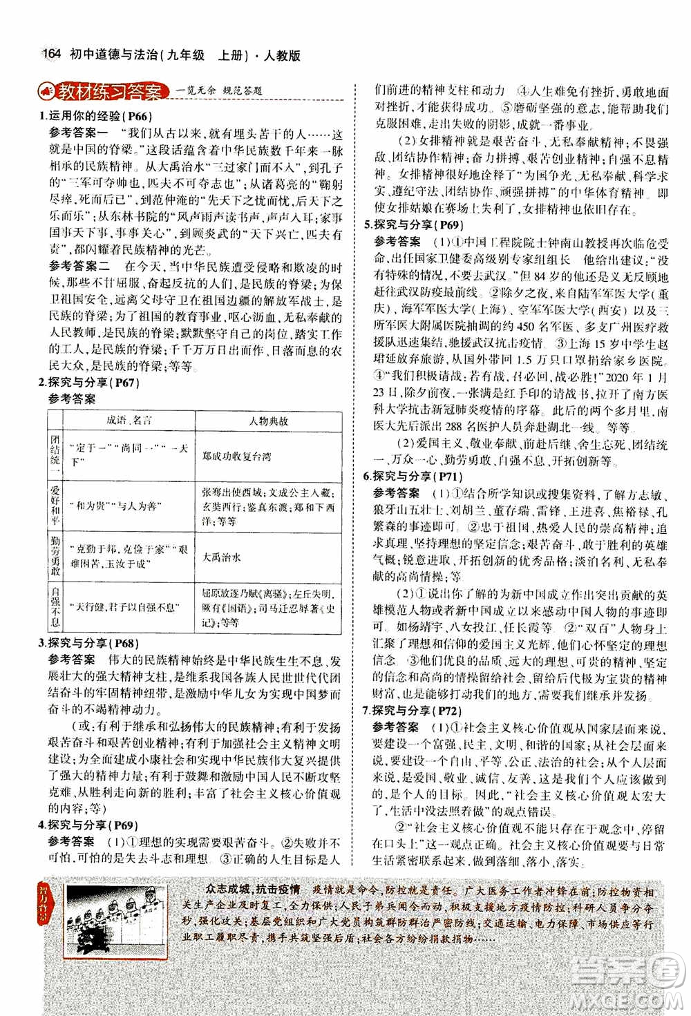 2021版初中同步5年中考3年模擬全解版初中道德與法治九年級上冊人教版參考答案