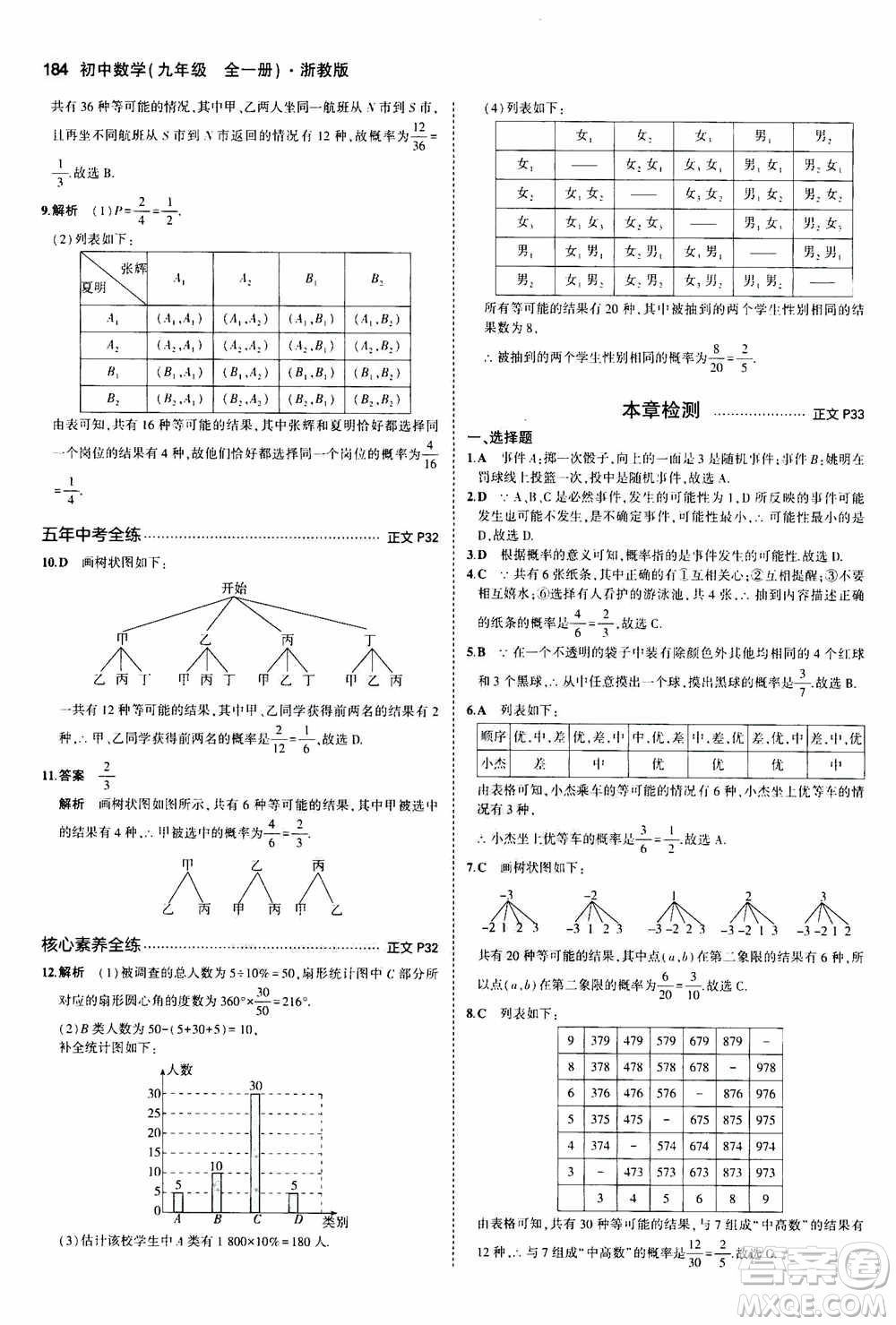 2021版初中同步5年中考3年模擬全解版初中數(shù)學(xué)九年級(jí)全一冊(cè)浙教版參考答案