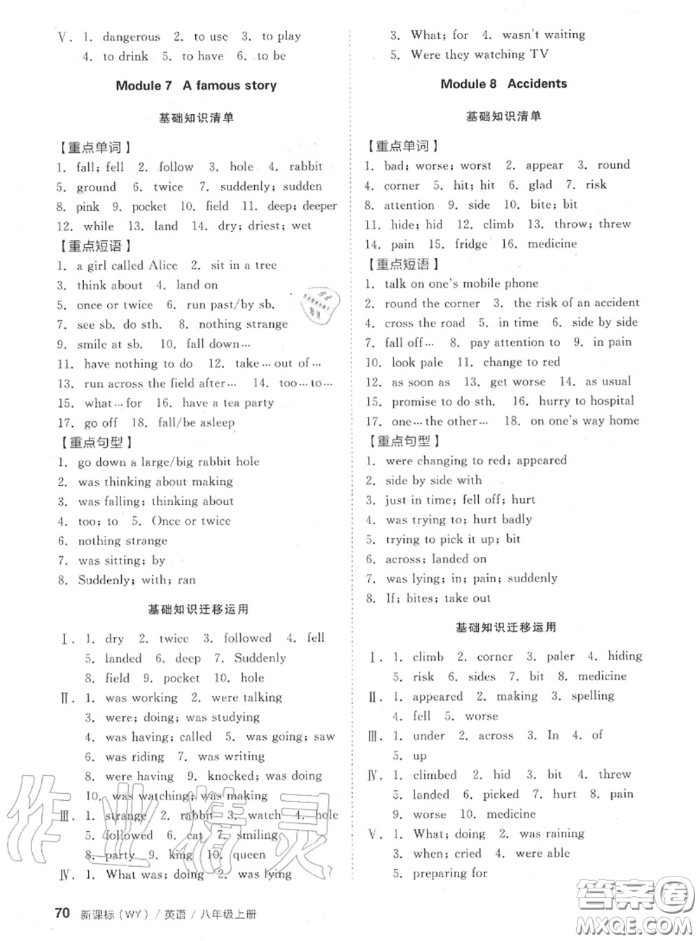 陽光出版社2020秋全品小復(fù)習(xí)八年級英語上冊外研版答案