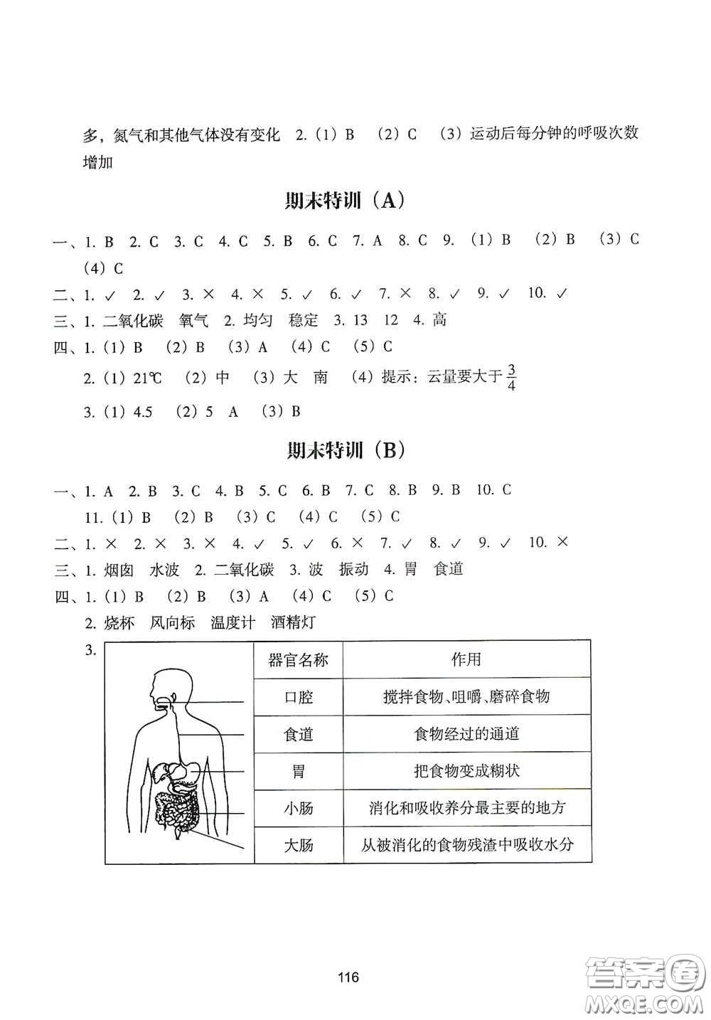 浙江教育出版社2020課時單元期末特訓(xùn)小學(xué)科學(xué)四年級上冊答案