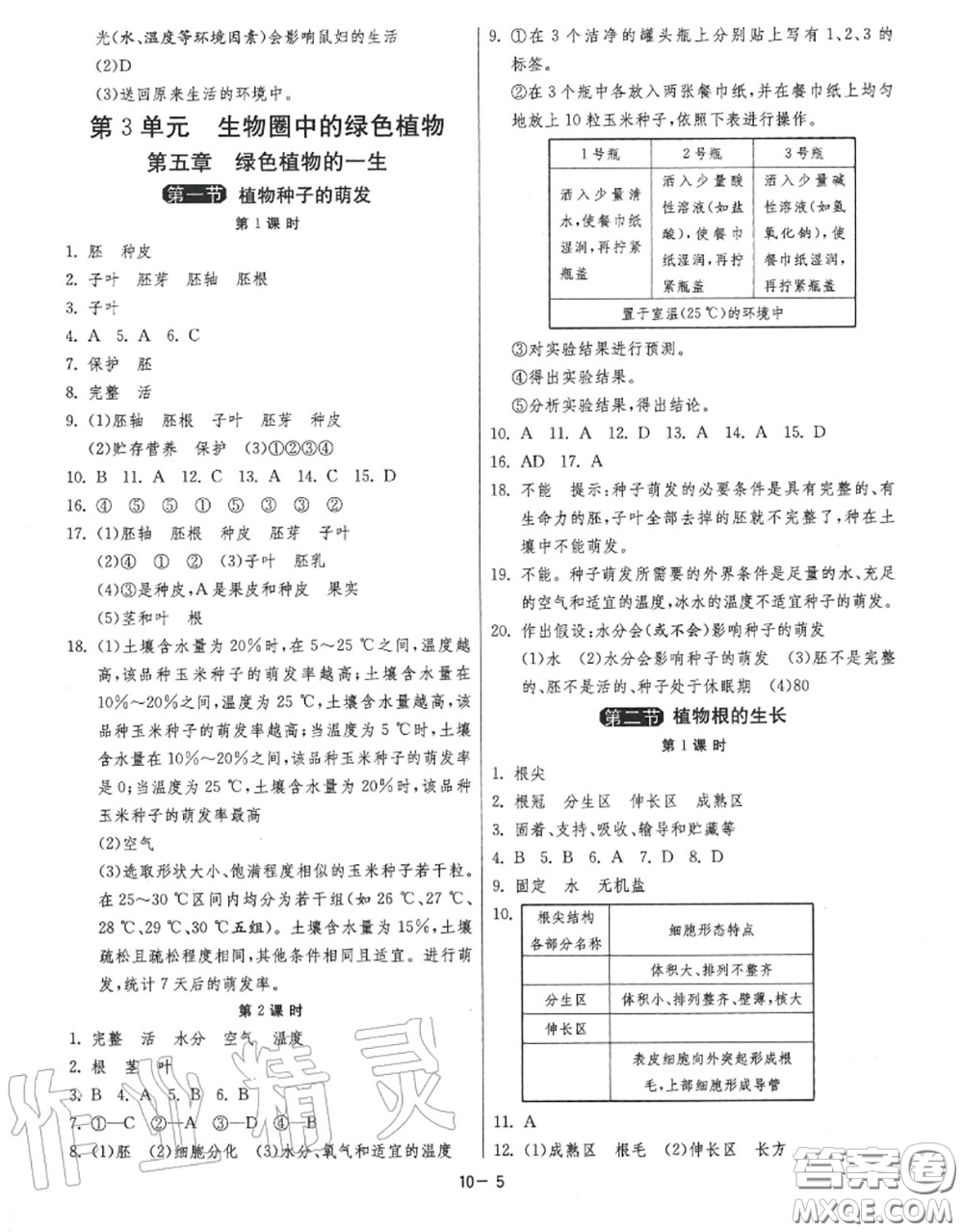 2020秋1課3練單元達(dá)標(biāo)測試七年級生物上冊蘇教版參考答案