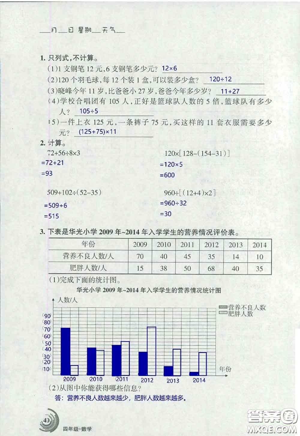 甘肅少年兒童出版社2020年快樂(lè)暑假四年級(jí)數(shù)學(xué)語(yǔ)文人教版答案