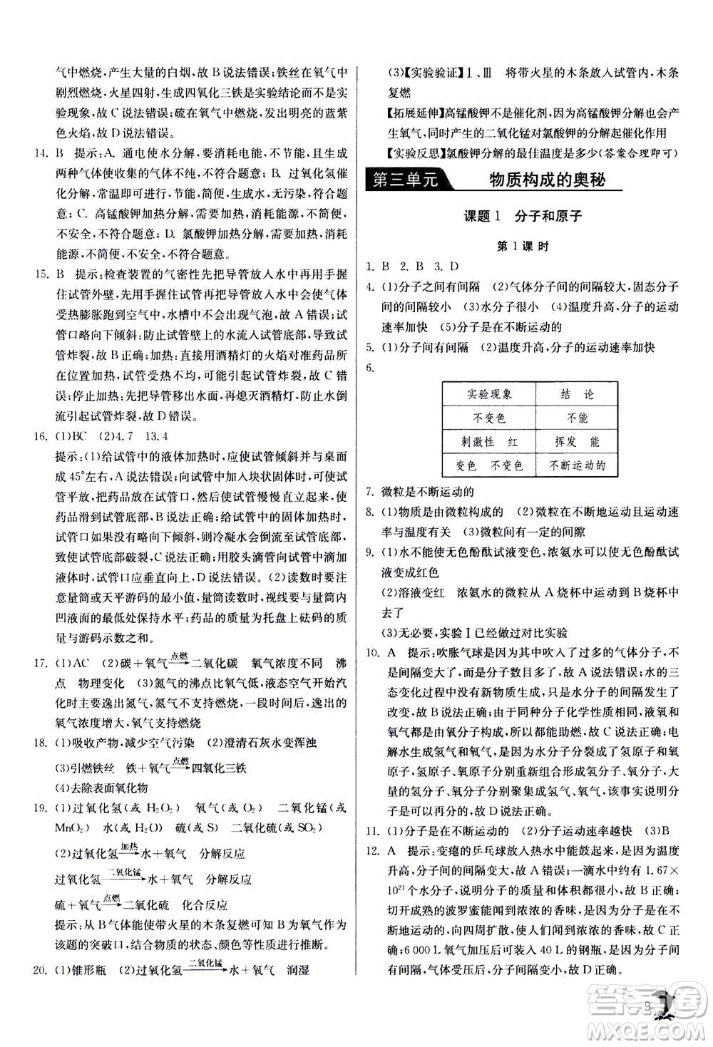 江蘇人民出版社2020年實驗班提優(yōu)訓練九年級上化學RMJY人教版答案