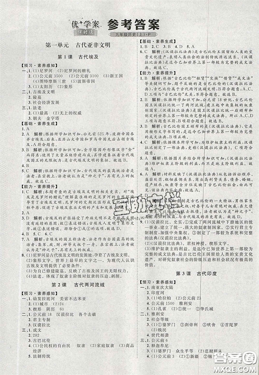 2020秋優(yōu)加學(xué)案課時(shí)通九年級歷史上冊P版答案