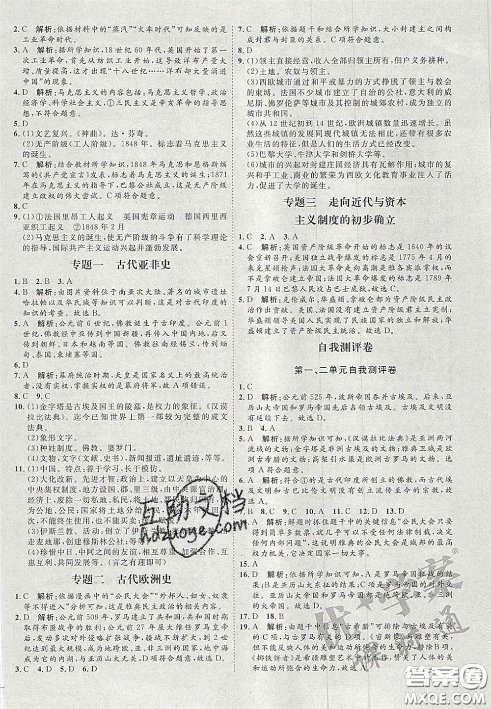 2020秋優(yōu)加學(xué)案課時(shí)通九年級歷史上冊P版答案