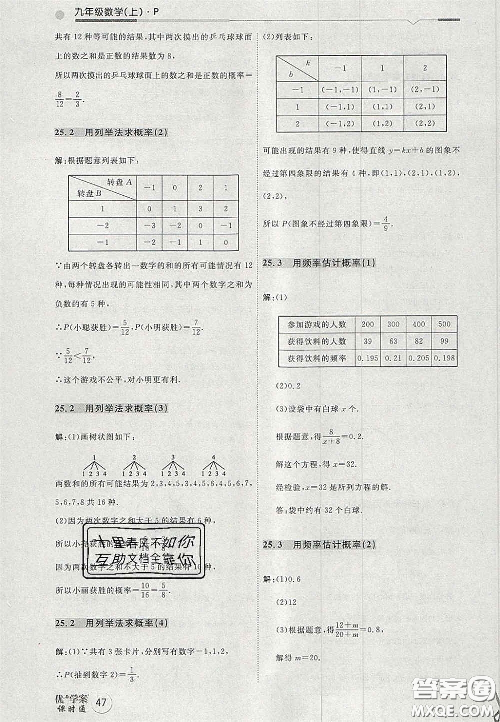 2020秋優(yōu)加學(xué)案課時(shí)通九年級(jí)數(shù)學(xué)上冊(cè)P版答案