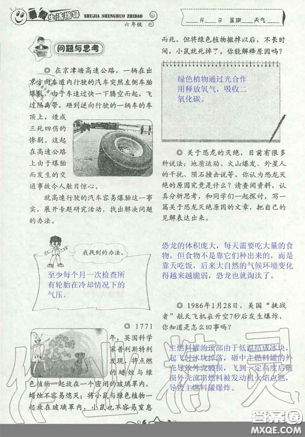 山東教育出版社2020暑假生活指導(dǎo)六年級通用版答案