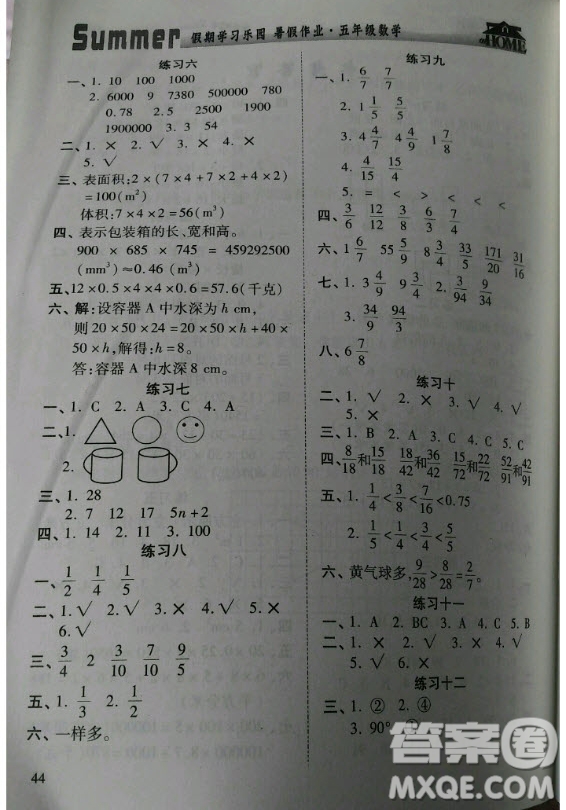2019年假期學(xué)習(xí)樂園暑假作業(yè)五年級(jí)數(shù)學(xué)人教版答案