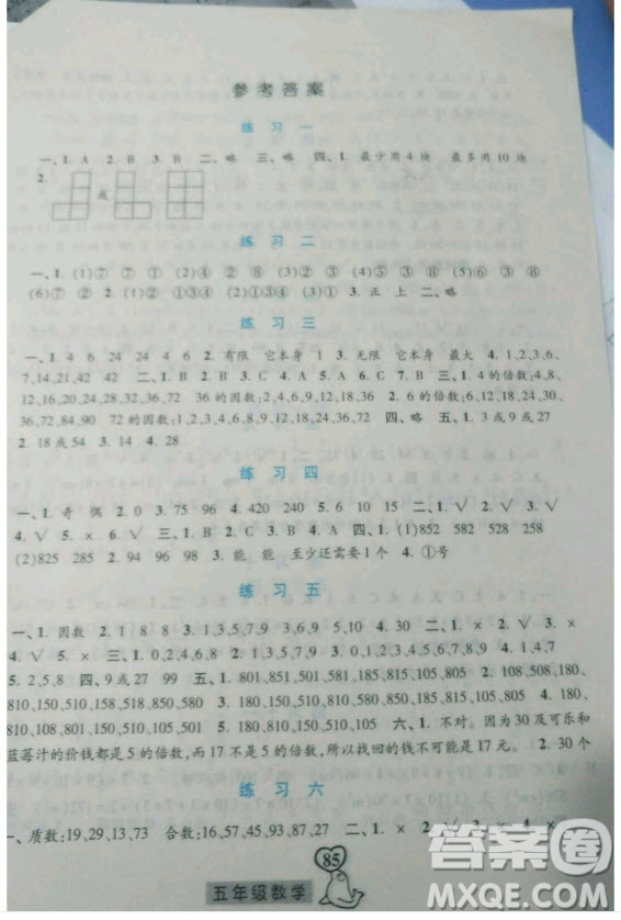 河北美術出版社2019年一路領先暑假作業(yè)五年級數(shù)學人教版答案