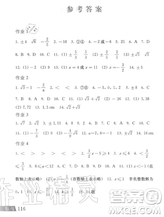 上海科學(xué)技術(shù)出版社2020年數(shù)學(xué)暑假作業(yè)七年級(jí)滬科版答案