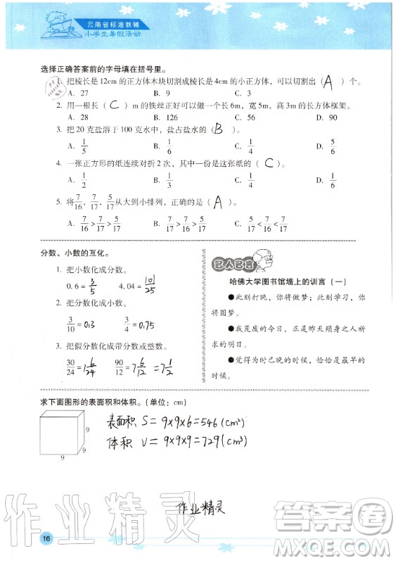 晨光出版社2020年云南省標(biāo)準(zhǔn)教輔小學(xué)生暑假活動(dòng)五年級答案