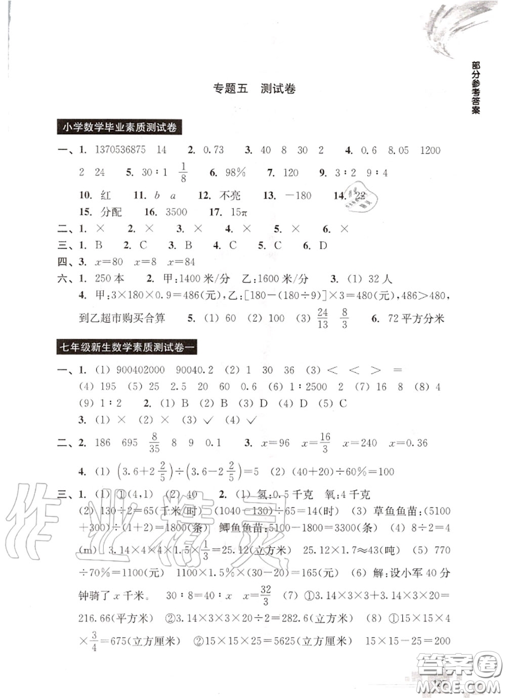 浙江教育出版社2020輕松上初中暑假作業(yè)六年級數(shù)學(xué)通用版答案