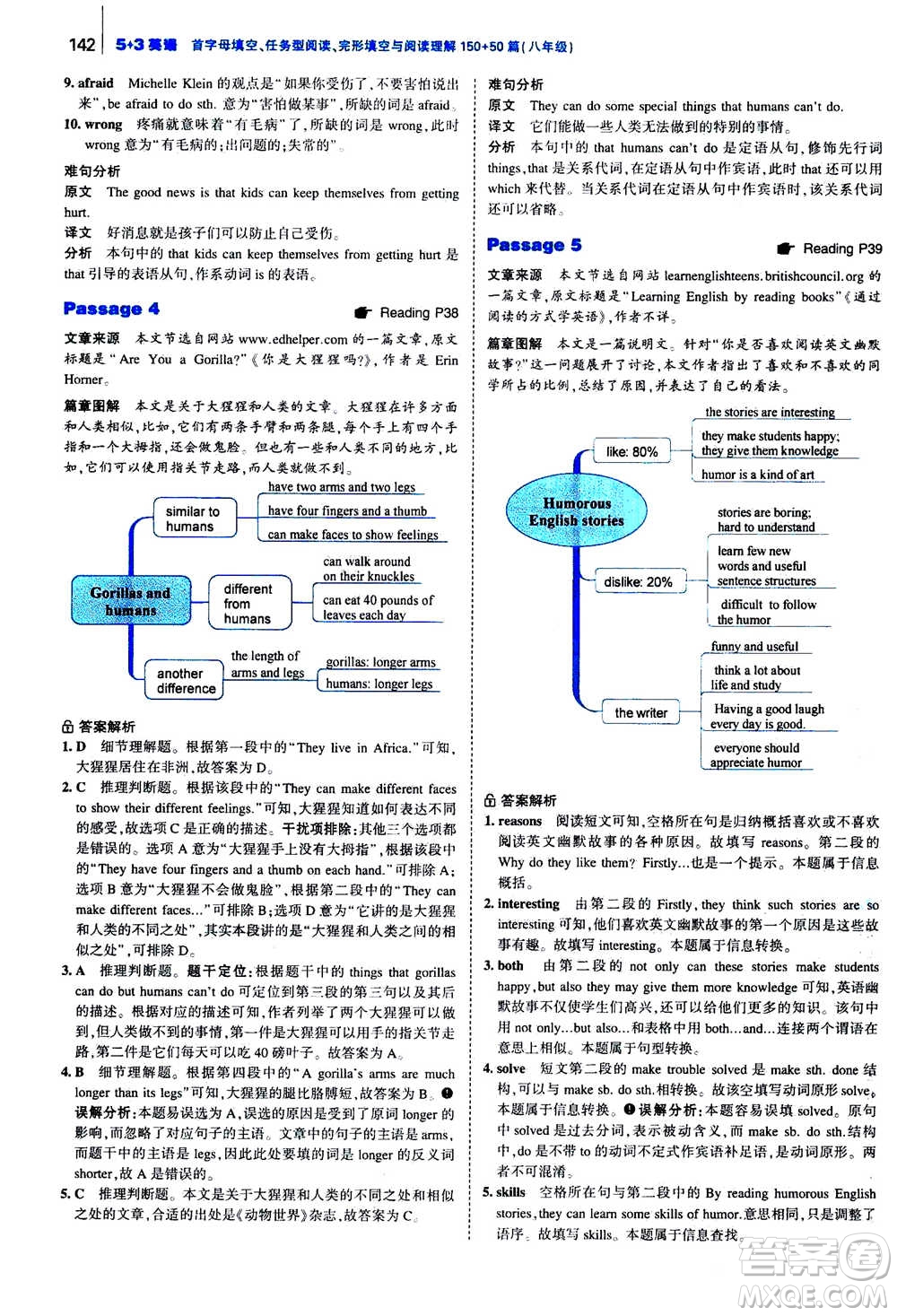 曲一線2020版53英語(yǔ)完形填空閱讀理解與語(yǔ)法填空八年級(jí)答案