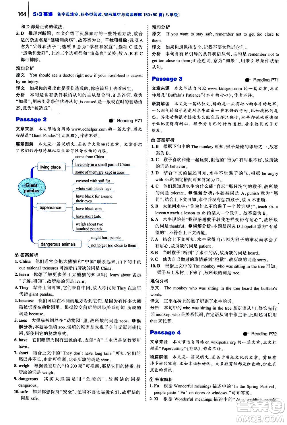 曲一線2020版53英語(yǔ)完形填空閱讀理解與語(yǔ)法填空八年級(jí)答案