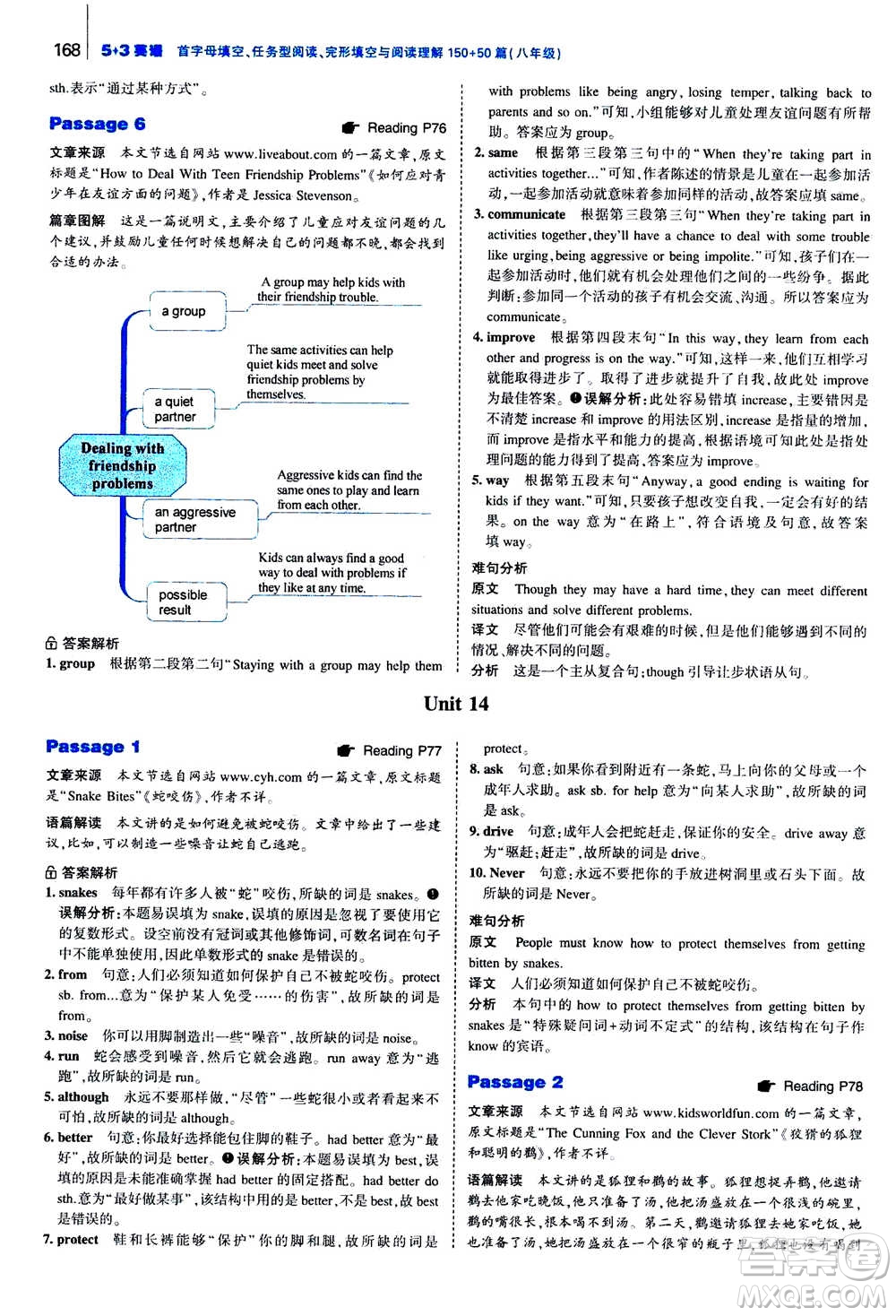 曲一線2020版53英語(yǔ)完形填空閱讀理解與語(yǔ)法填空八年級(jí)答案