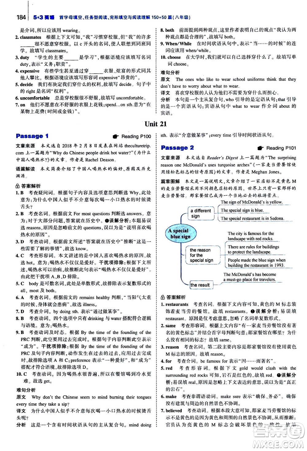 曲一線2020版53英語(yǔ)完形填空閱讀理解與語(yǔ)法填空八年級(jí)答案