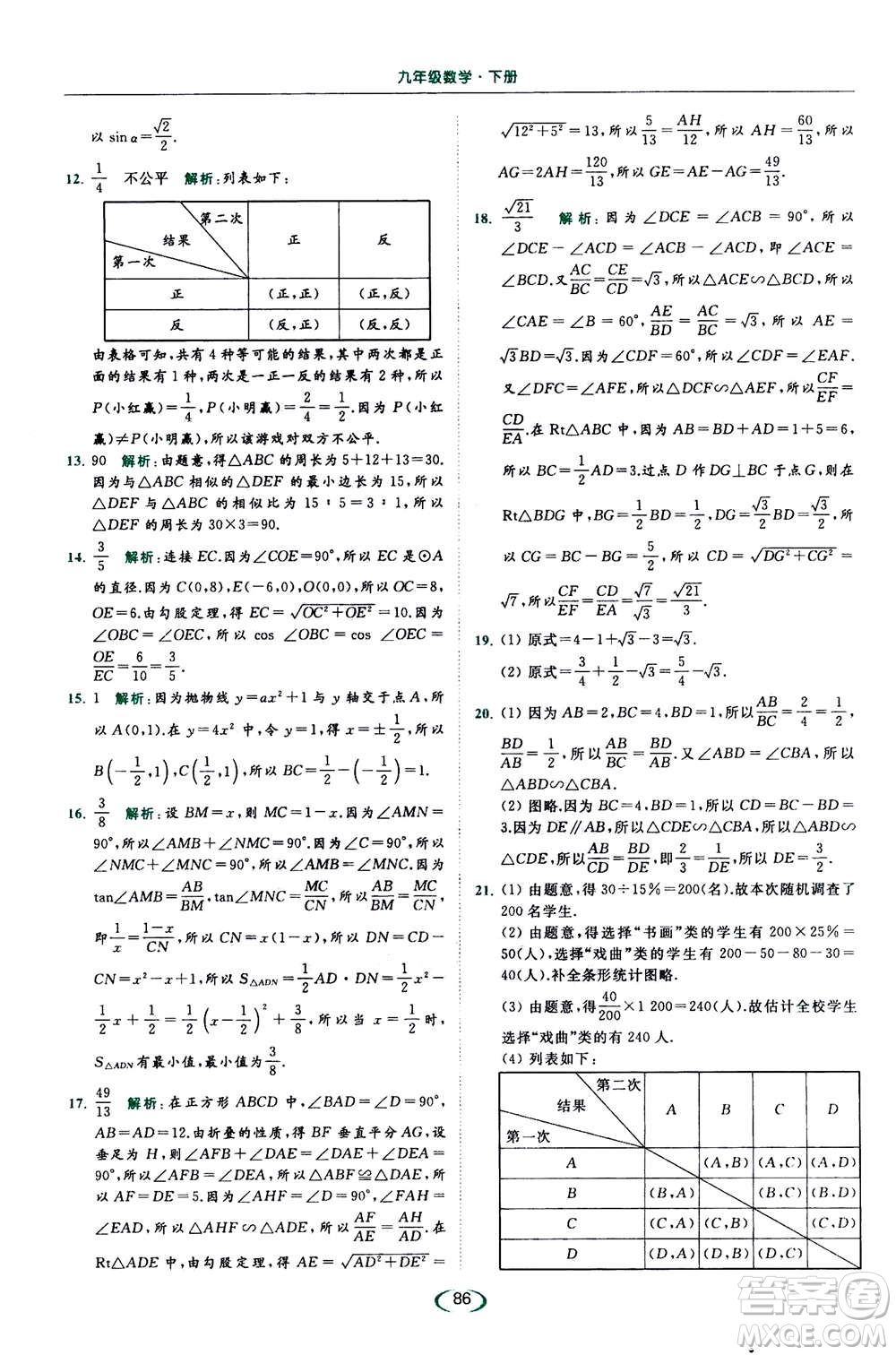 2020年亮點(diǎn)給力提優(yōu)課時(shí)作業(yè)本數(shù)學(xué)九年級(jí)下冊(cè)蘇教版參考答案