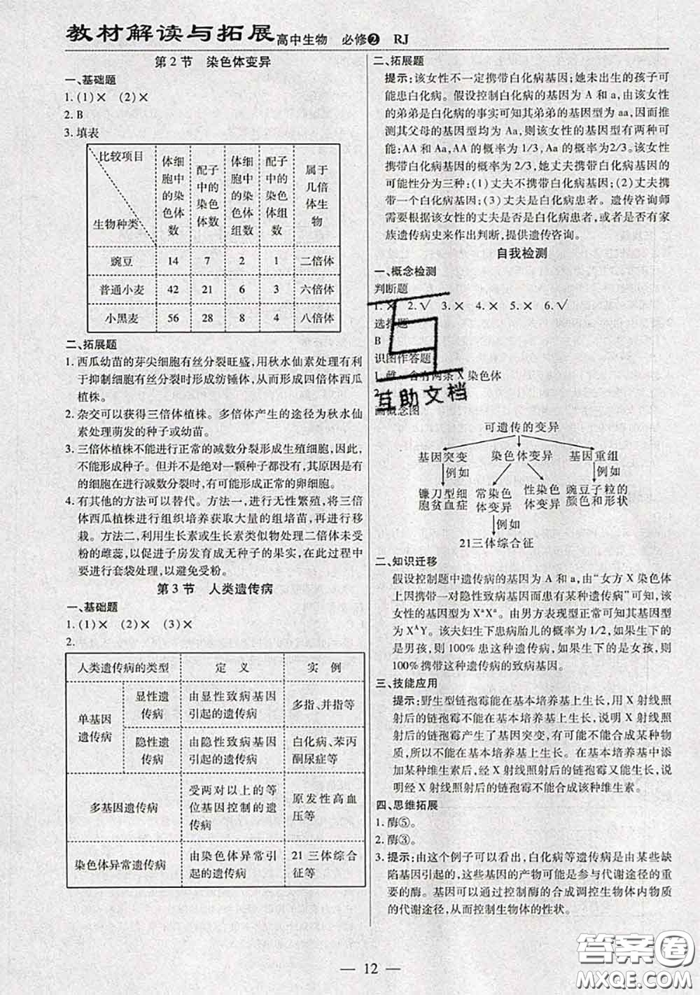 人民教育出版社2021年課本教材高中生物必修2人教版參考答案