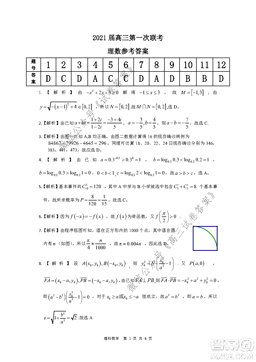 皖江名校2021屆高三第一次聯(lián)考理科數(shù)學(xué)試題及答案