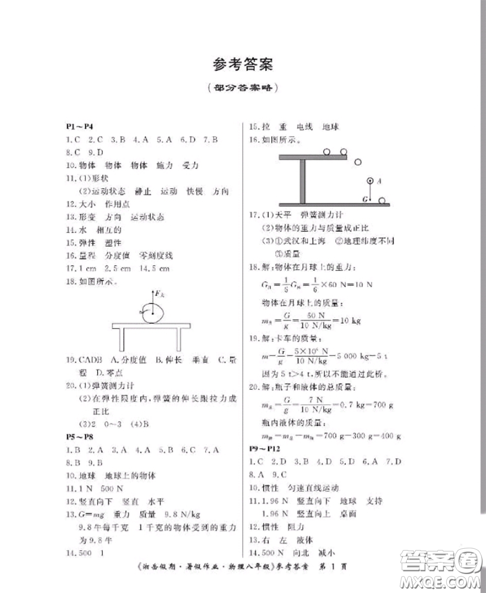 湖南大學出版社2020年湘岳假期暑假八年級物理人教版參考答案