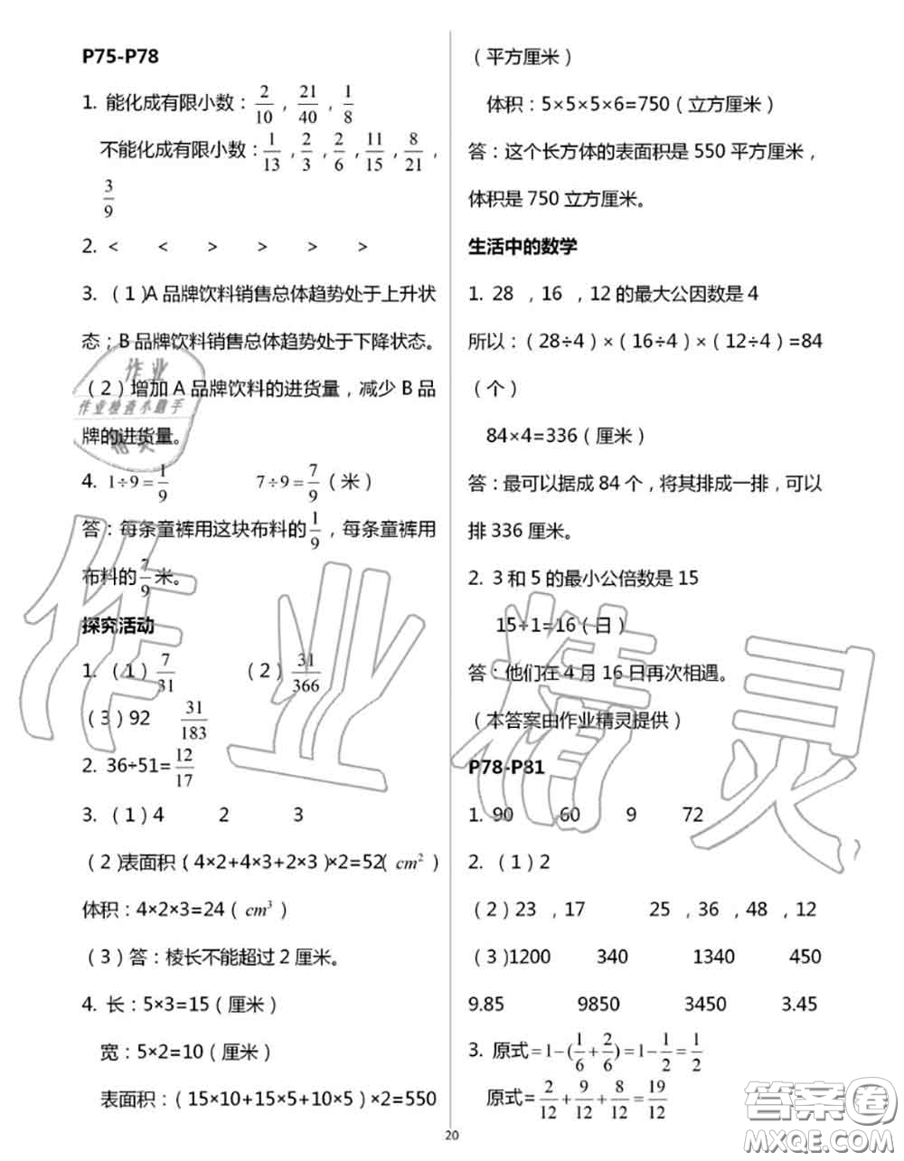 安徽少年兒童出版社2020年暑假作業(yè)五年級數(shù)學人教版參考答案