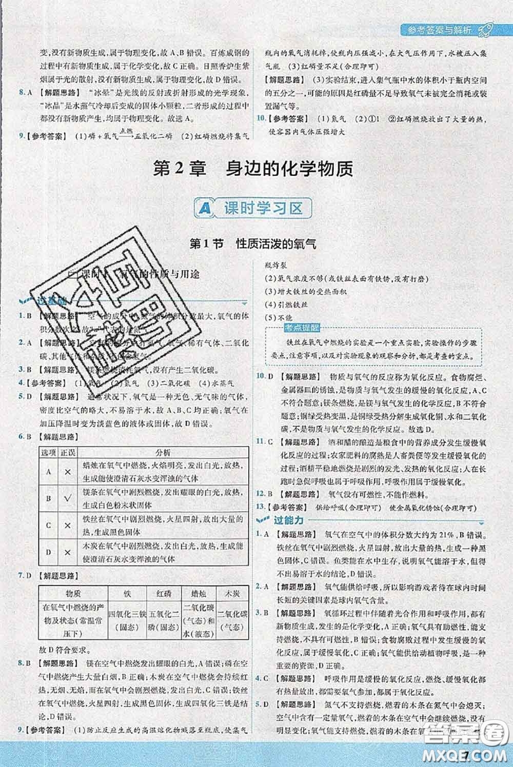天星教育2020年秋一遍過初中化學(xué)九年級上冊滬教版參考答案