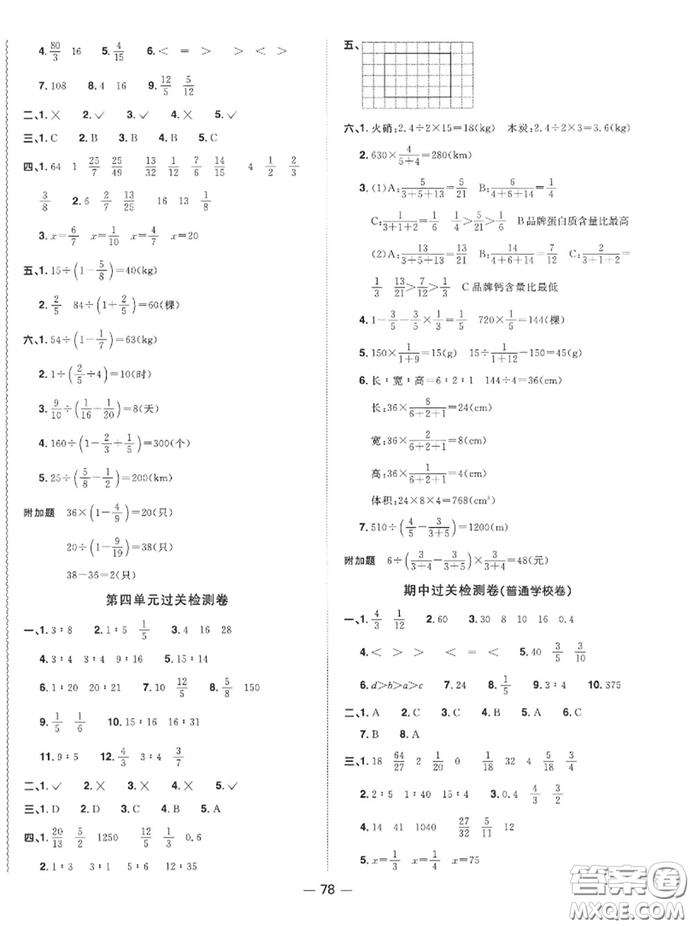 2020年秋陽(yáng)光同學(xué)一線名師全優(yōu)好卷六年級(jí)數(shù)學(xué)上冊(cè)人教版參考答案
