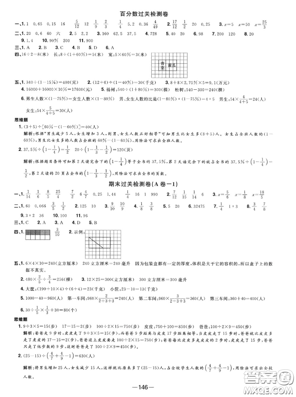2020年秋陽光同學(xué)一線名師全優(yōu)好卷六年級數(shù)學(xué)上冊蘇教版參考答案