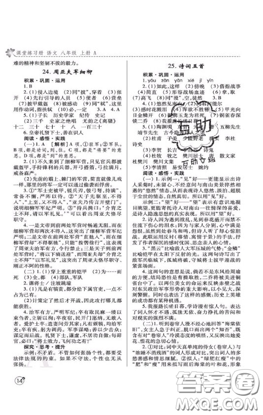 2020年課堂練習冊八年級語文上冊A版答案