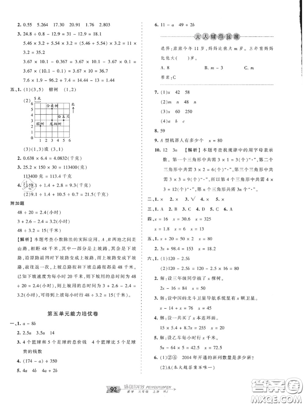 2020年秋王朝霞培優(yōu)100分五年級(jí)數(shù)學(xué)上冊(cè)人教版參考答案